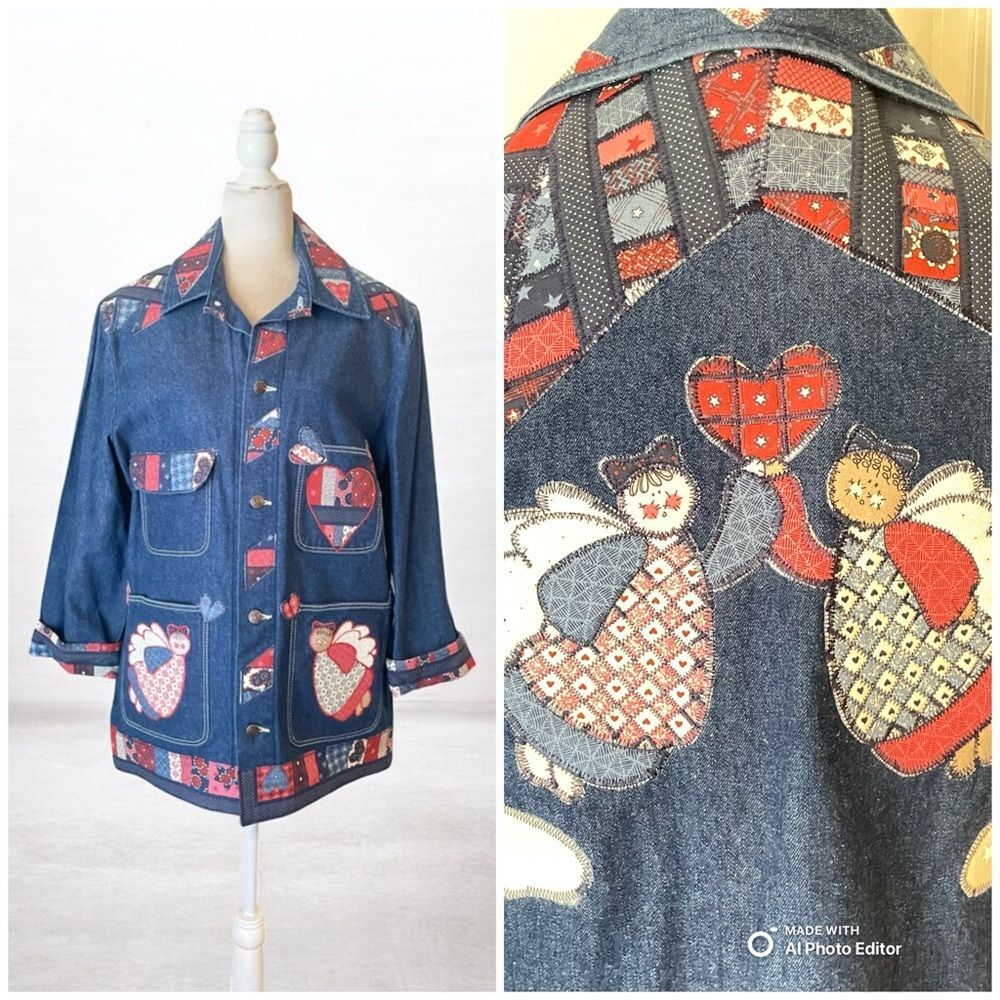 70s Handmade Denim Jacket with Unique Stitching Patchwork Angels Hearts L